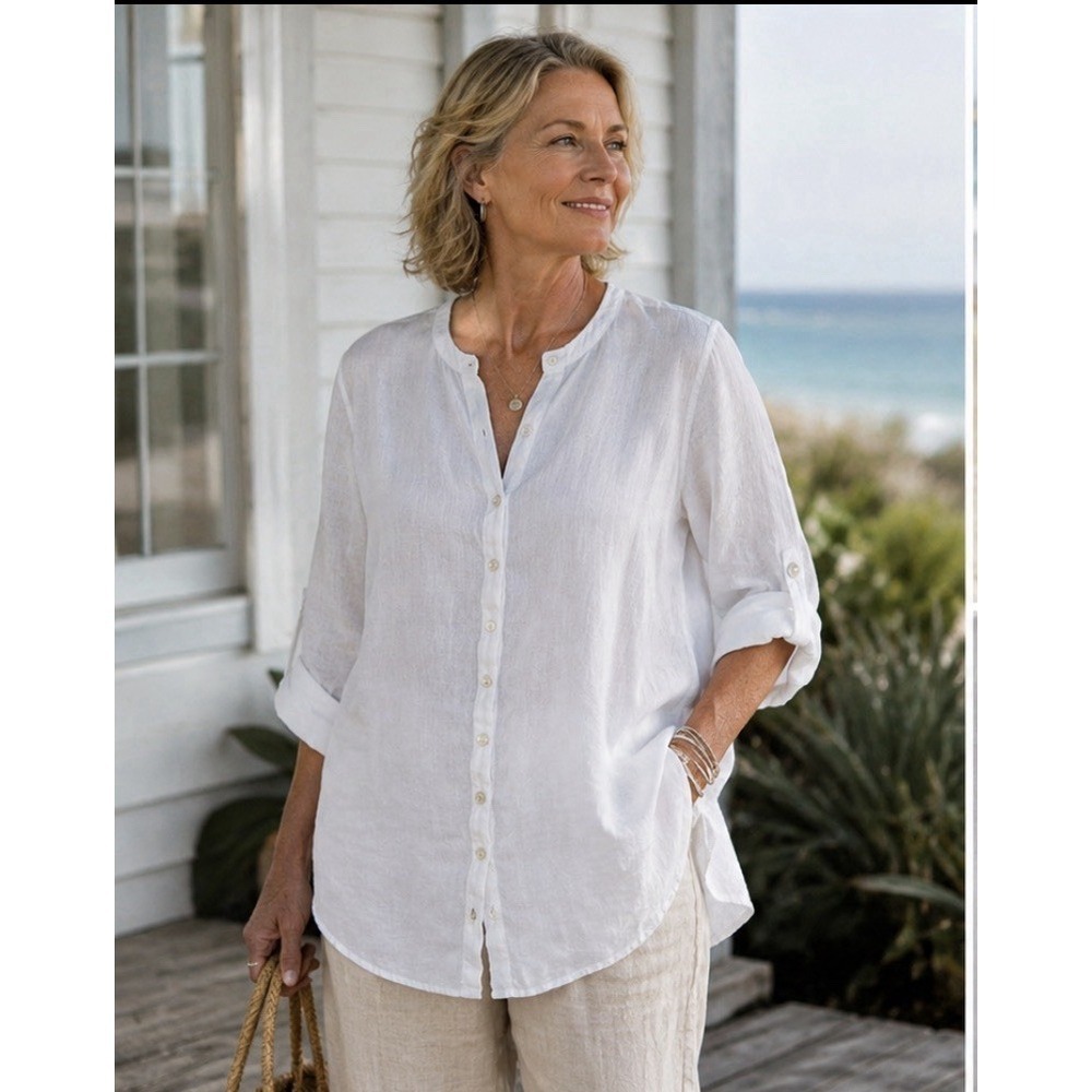 Tahari Womens 100% Linen Button Down Tunic Top Size 2X White Lagenlook Coastal